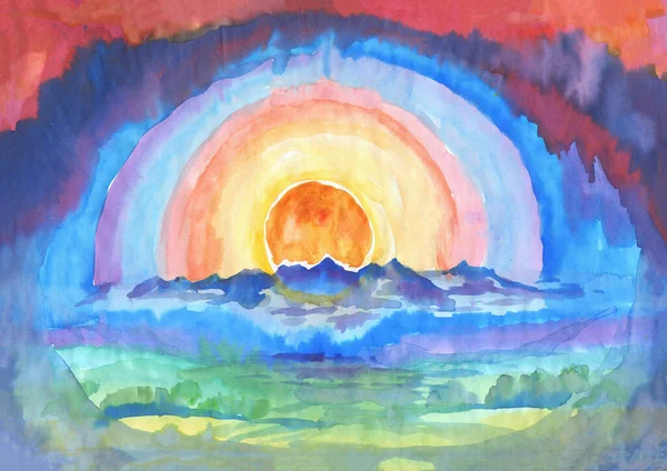 Mystical colorful watercolor landscape. Bright sun with colored rays. An inspiring summer landscape painting.