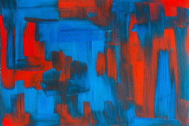 Soyut kırmızı ve mavi manzaralı arka plan. Renkli parlak sanat eserleri. Fırça darbeleriyle tuvale konmuş akrilik bir resmin yakın çekimi. Çağdaş sanat. El yapımı iş. Asıl tasarım.