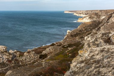 Tract Dzhangul Tarkhankut Kırım. Sonbahar sahili. Dik kayalar ve dalgalar onlara çarpıyor. İnsansız güzel panoramik manzara. Manzara doğa koruma alanı Doğa anıtı