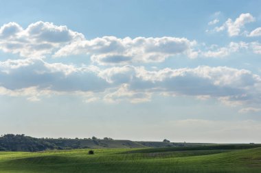 Mavi gökyüzü, beyaz bulutlar ve yeşil alan. Sakin, parlak bahar manzarası. Tarlanın güzel çizgileri. Duvar kağıdı, metin, pankart ve tabela için arka plan. Kalın Cumulus bulutları gökyüzünde süzülür.