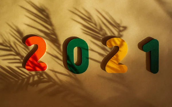 Wooden Multi Colored Numbers 2021 Beige Background Beautiful Shadows Christmas — Stock Photo, Image