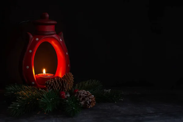 Bougie Brûlante Décorations Noël Sur Fond Sombre Concept Une Nouvelle — Photo