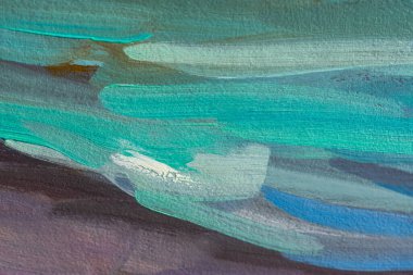 Yağlı boyalı, soyut renkli arka plan. Tabela ve afişler için el yapımı arka plan. Tuvalin üzerinde turkuaz, yeşil, mavi ve kum rengi karışımı. Yaz sanatsal geçmişi.