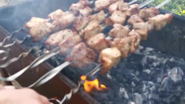 Egy Férfi Grillsütőt Süt Grillen Húst Sütni Egy Nyitott Tűz — Stock videók