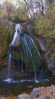 Sonbaharda Kırım 'da Şelale Jur-Jur. Dikey biçimde güzel sonbahar manzarası. Mobil doğa videosu. Su yeşil yosunlarla kaplı bir kayadan aşağı akar..