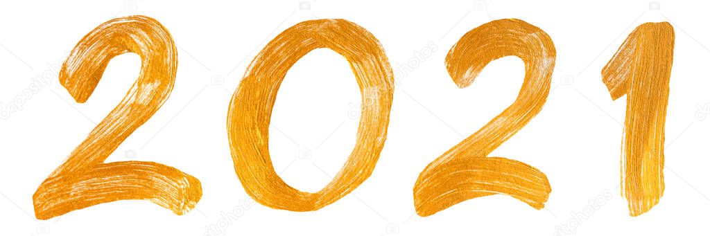 2021 in gold on a white background. Isolated figures in acrylic paint drawn by hand with a brush. Happy New year. A long, horizontal banner for the site.Text design of the 2021 logo. Brochure-postcard