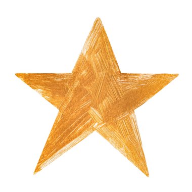Beyaz arka planda akrilik boyalı altın yıldız, izole edilmiş ve fırçayla boyanmış. Kare kompozisyon. Güzel desenli yıldız deseni. Tasarım için tasarım. Fırça darbelerini kapat.