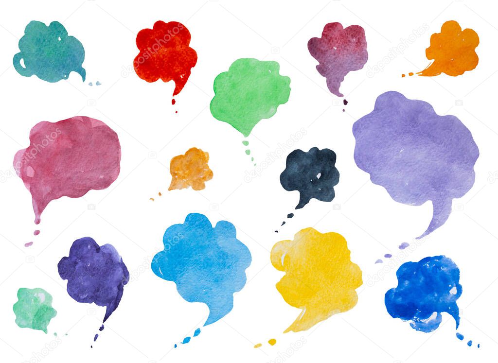 Colorful watercolor clouds for text. Translucent bubbles isolated on a white background.Children's colorful watercolor painted clouds on paper. Banners for the design of postcards, websites, greetings