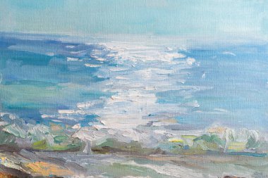 Yağlı boyalı, soyut mavi deniz arka planı. Yaz sanatı geçmişi. Dalgaların doğal açık mavi dokusu. Resimde empresyonizm. Deniz kızağı. Boya darbelerinin makrofotoğrafçılığı. Çağdaş Sanat