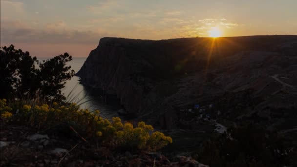 Sun Goes Mountain Sunset Timelapse View Hill Mountains Beach Crimea — Stock Video