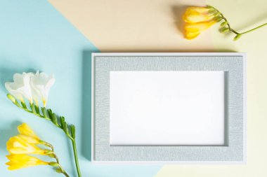 Anneler Günü. Sarı ve beyaz çiçekli tebrik kartı. Düz düzen, metin için alanı olan çerçeve. Anneler Günün kutlu olsun. Hassas pastel, pembe ve mavi arka plan. Güzel bahar tasarımı, maketi