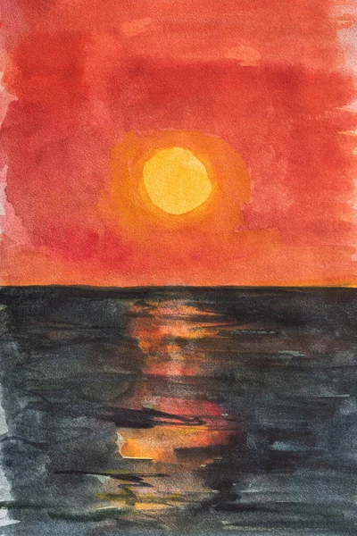 Pôr Sol Vermelho Marinho Aquarela Ilustração Colorida Desenhada Mão Composição — Fotografia de Stock