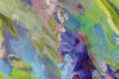 Yağlı boyalı, soyut renkli sanat arkaplanı. Fırçayla yapılmış el yapımı modern bir tasarım. Web siteleri için modern pitoresk bahar arkaplanı. Mavinin, yeşilin, morun, pembenin narin tonları