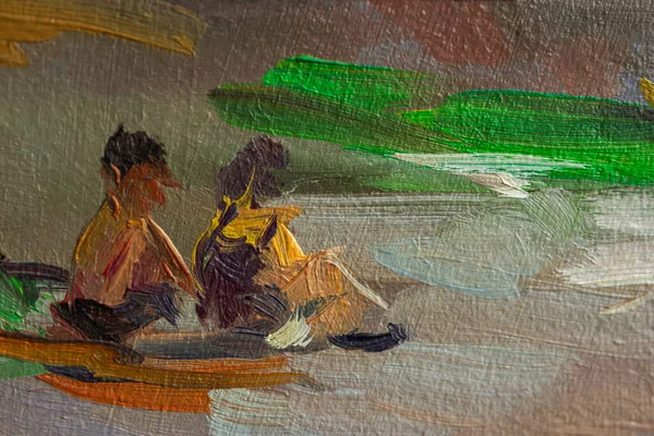 Tanning people on the beach sketch with oil paints. A fragment of a painting in sandy brown shades. Abstract quick drawing of man and woman. Handmade work. The concept of summer holidays, recreation