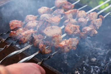 Şiş kebap şiş ızgara. Domuz rostosunun lezzetli arka planı, sığır eti. Yaz tatili konsepti, piknik. Açık ateşte et pişirmek. Lezzetli çıtır ızgara ızgara. Atmosferik duman