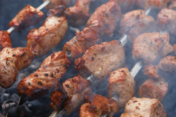 Shish Kebab Pincho Parrilla Delicioso Fondo Cerdo Asado Carne Res — Foto de Stock