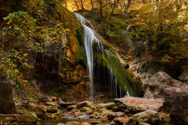 Kırım 'da sonbahar Jur Jur şelalesi. Güzel atmosferik güneşli manzara. Dağdan küçük bir şelale yeşil yosunlu bir taşın üzerine düşüyor. Ağaçlarda altın yapraklar, muhteşem bir yer. Seyahat