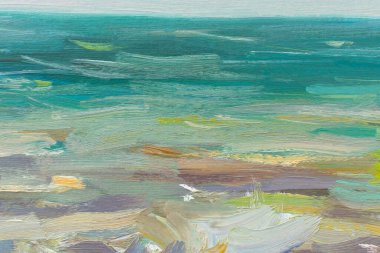 Deniz yağlı boyası. Soyut turkuaz deniz manzarası. İzlenimcilik, plein-air skeç, parça. Yaz konsepti, eğlence. Kartpostalların yaratıcı tasarımı için sanatsal resim arka planı, kapaklar.