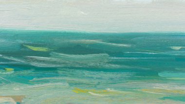 Deniz yağlı boyası. Soyut turkuaz deniz manzarası. İzlenimcilik, plein-air skeç, parça. Yaz konsepti, eğlence. Kartpostalların yaratıcı tasarımı için sanatsal resim arka planı, kapaklar.