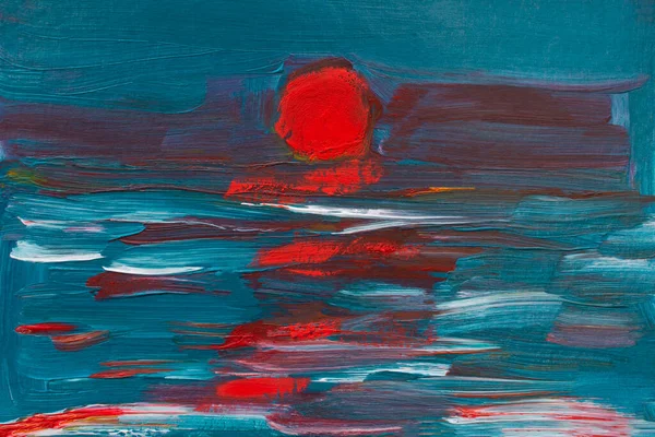 Zonsondergang Turquoise Zee Schilderen Doek Rode Ronde Zon Gaat Onder — Stockfoto