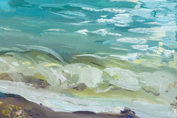 Abstract oil painting blue turquoise sea. Summer art background. Natural light blue wave texture. Impressionism in painting. A sea sketch, a fragment of a painting. Macro texture . Contemporary art