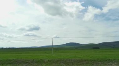 Yeşil tarlalar yol arabası penceresi. Yeşil bahar buğday tarlalarının yan penceresinden ve mavi gökyüzünde süzülen bulutlardan bak. Rusya 'nın yollarında seyahat, araba penceresinden nefes kesici bir manzara.