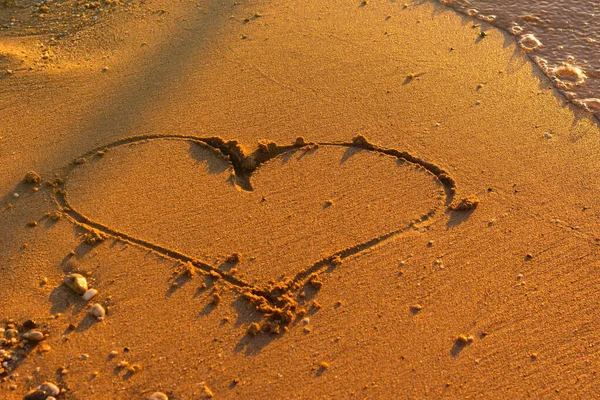 Heart Sand Sea Sunset Romantic Declaration Love Orange Tropical Sand — Stock Photo, Image