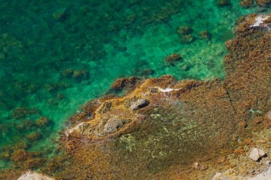 Doku okyanus taşları. Turkuaz deniz suyu, hava manzarası. Yaz tasarımı için doğal tropik arka plan. En saf deniz suyu ve kahverengi taşların soyut dokusu. Vahşi kayalık plaj manzarası