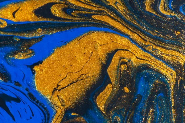 Абстрактный Голубой Золотой Черный Фон Живопись Акриловой Жидкостью Золотые Волны — стоковое фото