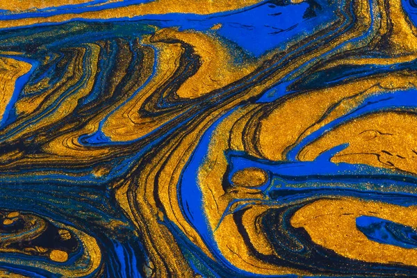Абстрактный Голубой Золотой Черный Фон Живопись Акриловой Жидкостью Золотые Волны — стоковое фото