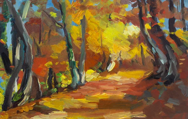 Живопись Маслом Красочного Осеннего Пейзажа Оригинальная Иллюстрация Букового Леса Осенью — стоковое фото