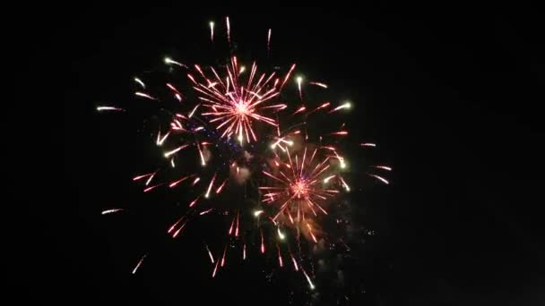 夜空には4Kカラフルな花火 頭のすぐ上にカラフルな花火ショー 新年の前夜に魔法とおとぎ話 結婚式 幸せな誕生日 クリスマス ディワリ — ストック動画