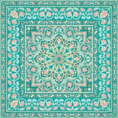 Çerçeveli doğulu çiçek süsü. Turkuaz ve pembe halı. Tekstil, yastık, şal, duvar halısı, mendil için şablon. 