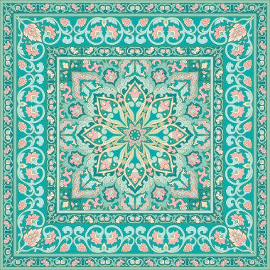 Oriental floral ornament with frame. Turquoise and pink carpet. Template for textile, cushion, shawl, tapestry, handkerchief.  clipart