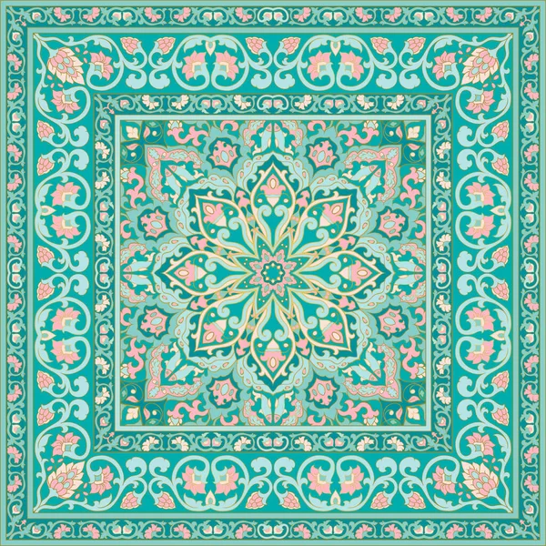 Oriental Floral Ornament Frame Turquoise Pink Carpet Template Textile Cushion Stock Illustration