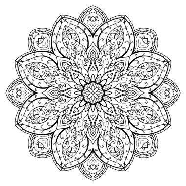 Soyut mandala. Doğulu etnik süs. Tasarım elemanı. Kızılderili deseni. Siyah beyaz illüstrasyon.