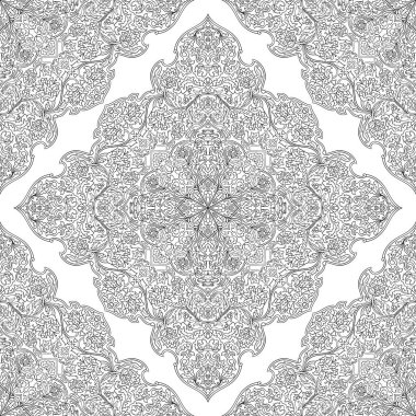 İpek kumaşlı soyut desen. Çiçek filigran süsü. Duvar kağıdı, tekstil, şal, halı için siyah beyaz şablon.