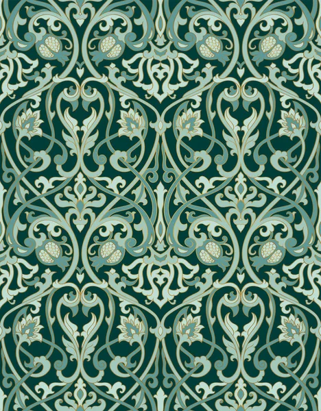 Emerald Floral Background Seamless Oriental Pattern Stylized Birds — 스톡 벡터