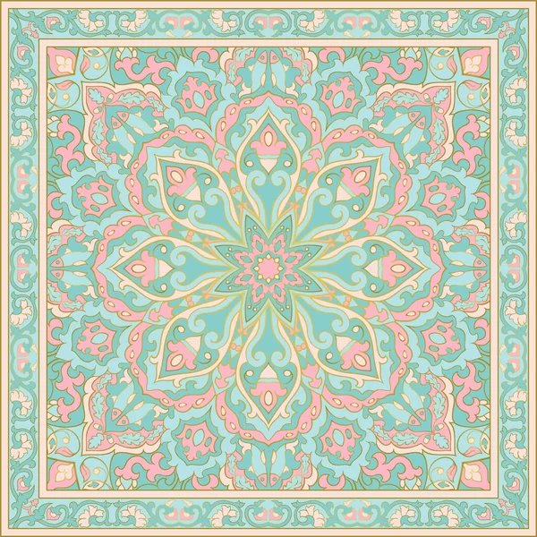 Oriental Floral Ornament Frame Turquoise Pink Carpet Template Textile Cushion Vector Graphics