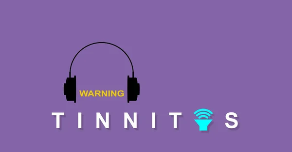 Illustration with the symptom, tinnitus. Audio symbol. Headphones to prevent damage. Risk of excessive noise, warning of prevention. Acoustic protection. Related to health.