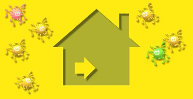 House, sağlığına dikkat et. 3 boyutlu resimli virüs çizimi. Koronavirüs simülasyonu. Kavis kavramını düzleştir COVID-19. Sosyal hareketsizleştirme, evde kal, hayat kurtar. Sosyal uzaklık.