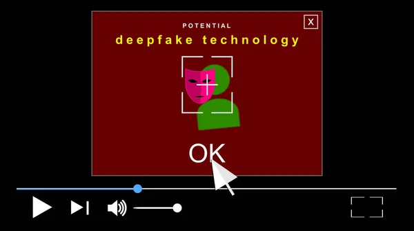 Illustration with warning pop-up, alert. Video interface. Media file. Acronym Deepfake, Deep Fake and false, profound learning. Replacing images using artificial neural networks.