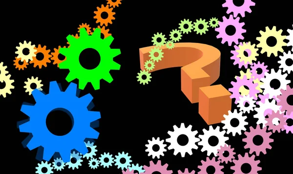 3D Illustration. Interrogation. Problem, query and uncertainty. Gear wheels. Graphic of question mark with references to the concept of creative meeting, team solution, progress, evolution or teamwork