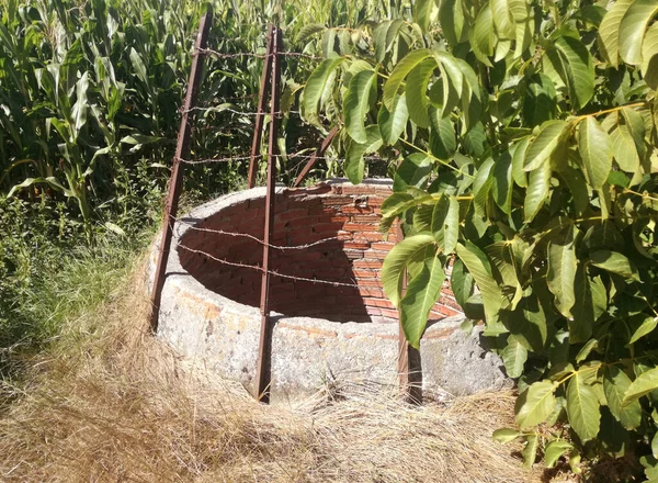Well of water for the irrigation of the field of the center of the Iberian Peninsula. In the middle of the cultivated field of corn. Irrigation system from shallow underground aquifer. Countryside.