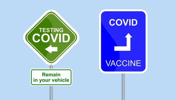 Вакцина Індикатор Напрямку Вакцинації Тестування Тут Covid Ілюстрація Дорожніх Знаків — стокове фото