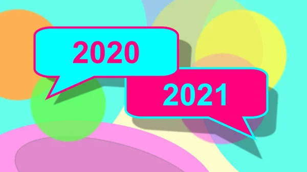 2020 ve 2021 diyalog balonları. İki konuşma balonu. İllüstrasyon, 21. yüzyılın 20 'li yıllarına atıfta bulunuyor. 2 yıl oldu. Yumuşak renkler.