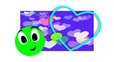 Duygu sömürüsü, ifadesiyle yeşil bebek. Uzaktan sevgi gönderen hoş bir kişilik. Kalp ve rastgele işaretler. Sevgi ve tutkuyu kutlamak ya da iletmek için bir ilüzyon. Duyguların sembolü