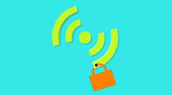 Ağ protokolleri birbirine bağlanma sembolü. Radyo işareti. Wifi 'yi asma kilitle güvene al. 3D çizim, güvenli sinyal. Kablosuz teknoloji. Haberleşme güvenliği. Yumuşak arkaplanda izole edilmiş elementler.
