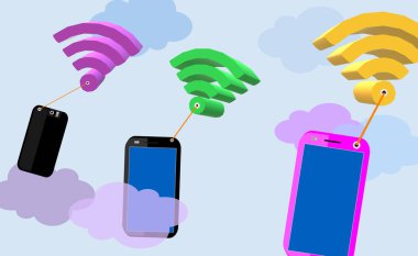 3D Illustration. Teknolojik yenilik. Cep telefonu iletişimi. Ağ Bağlantısı. Set, sıcak hava balonu gibi uçan bir ikon. Kablosuz sembol. Bulutlarda telefon taşıyan kablosuz ağ işareti.