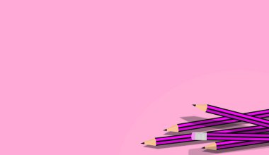 Resmin bir köşesinde metin, logo veya tasarım kopyalamak için alanı olan bir kalem grubunun tasviri. Pembe kağıt. Resim, sanat konsepti, resim eğitimi. Elbette, çizim yapmayı öğreniyorum. Kalem Silici.